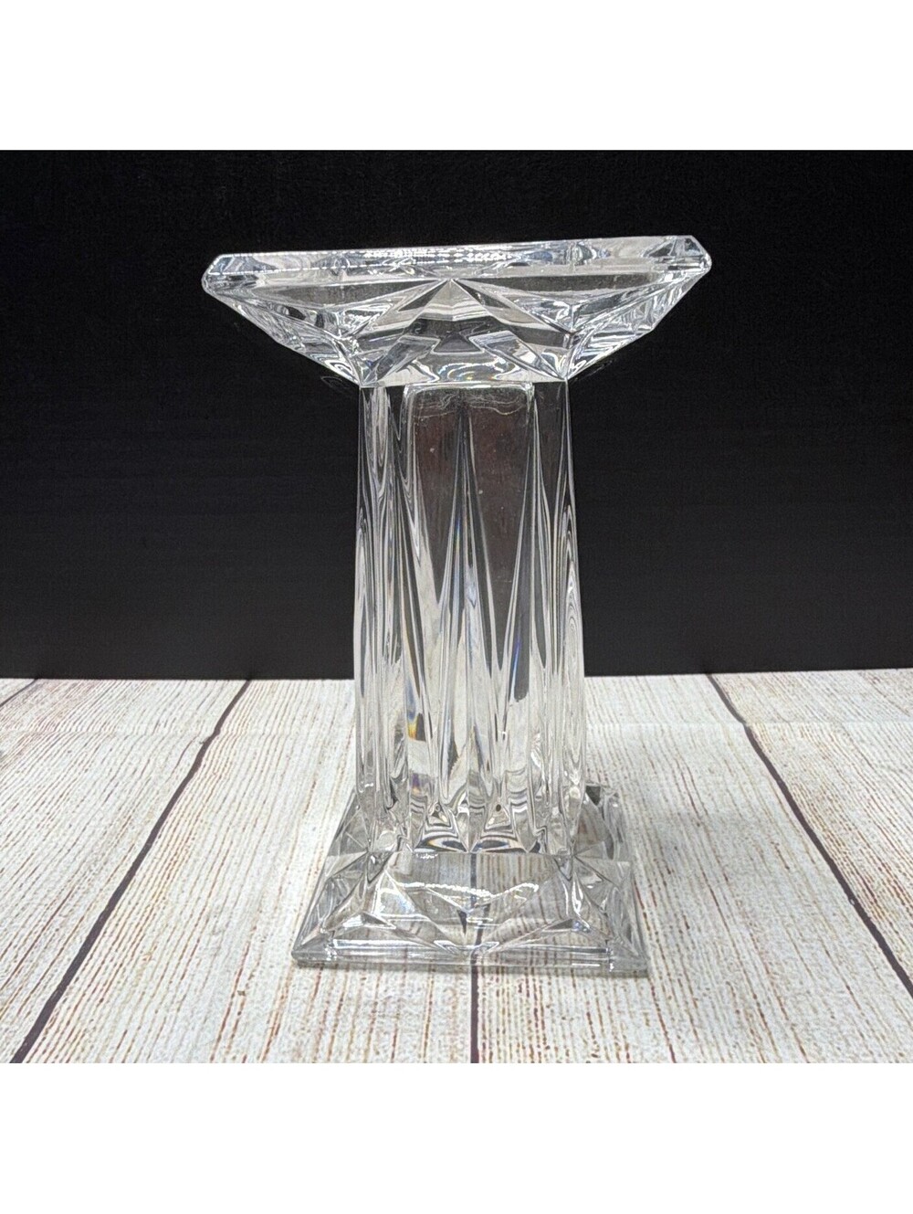 Clear Faceted Glass Square Candle Holder 7 in Tall, 4 x 4 in Base